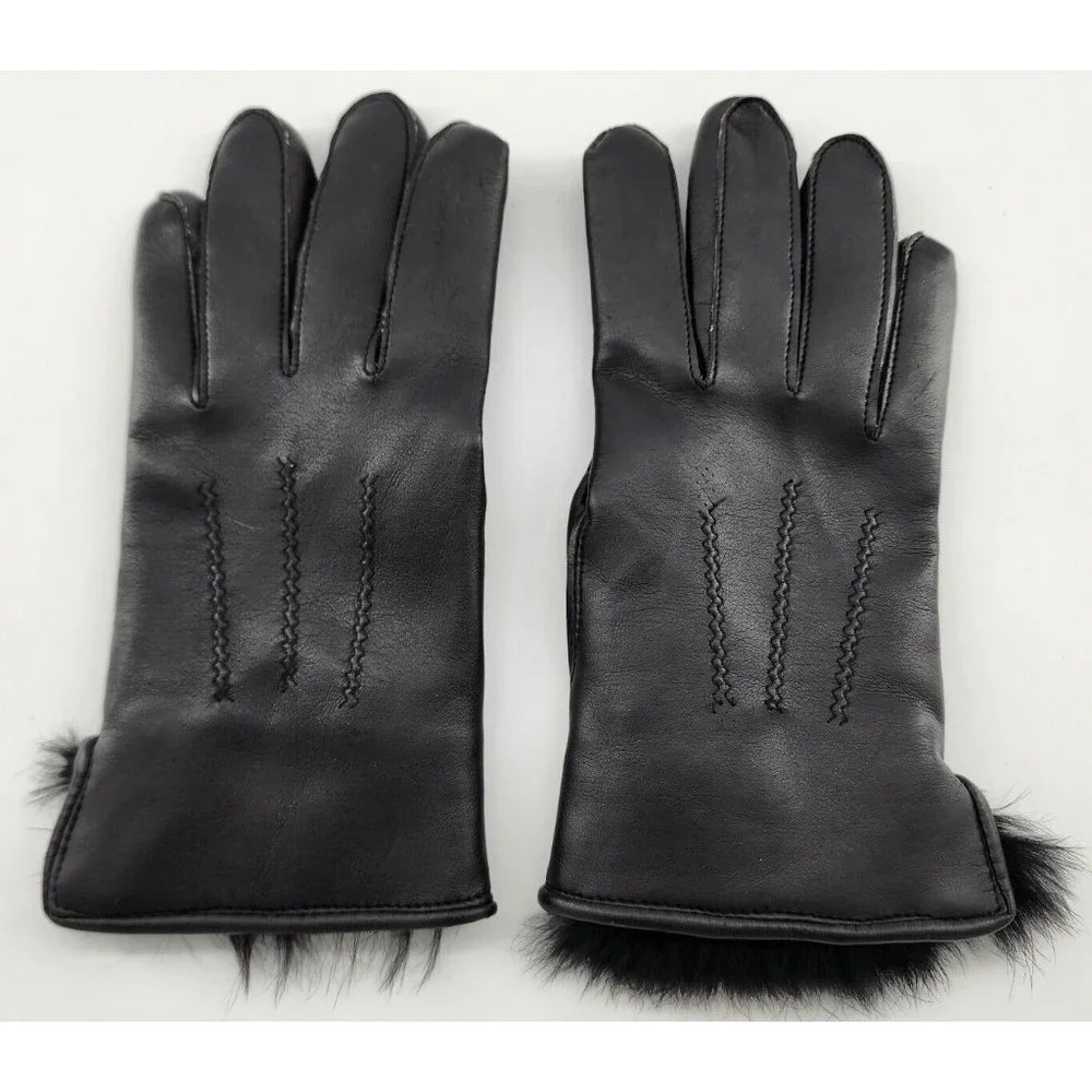 Jessica Stevens Women's Black‎ PVC Gloves  Animal Fur Lined Cuffs Size S/M